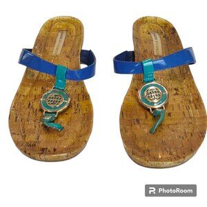 Dana Buchman Blue/Teal Straps Silver Medallion Thong Flat Sandals